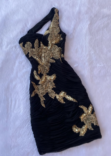 Sheath One Shoulder Appliques Sequins Black Chiffon Short Homecoming Dress HZ1023